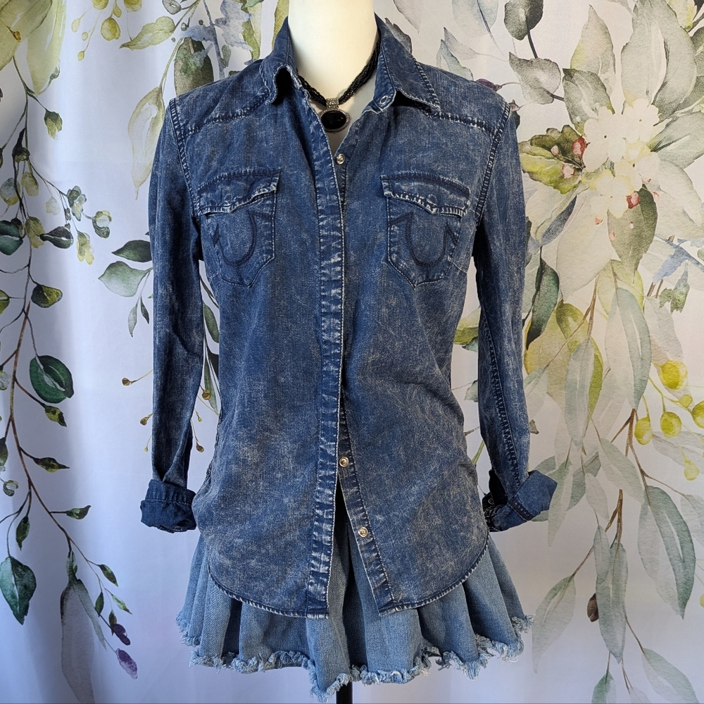 True Religion Dark Wash Denim Button Down - Picture 2 of 7